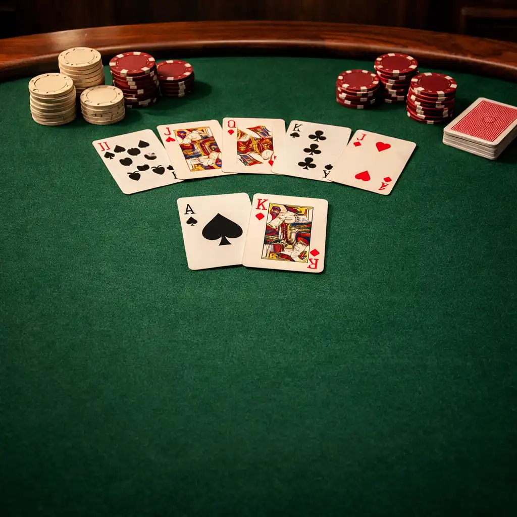 Stół pokerowy z zielonym suknem, kartami i żetonami widziany z góry