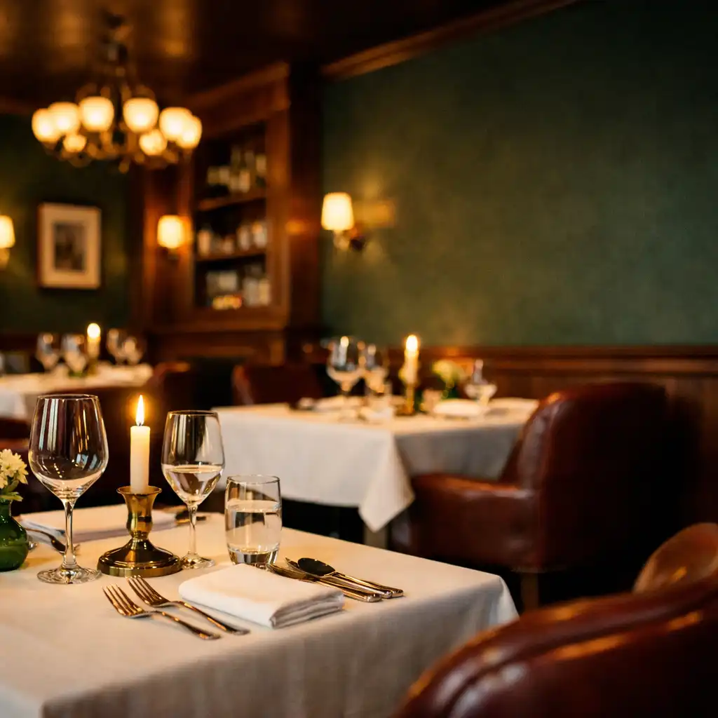 Kameralne wnętrze restauracji z zielonymi ścianami i skórzanymi fotelami
