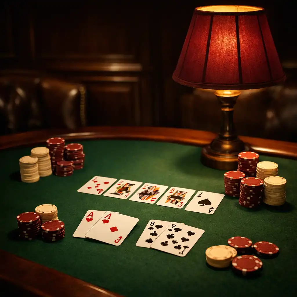 Elegancki stół pokerowy z zielonym suknem, kartami i żetonami w nastrojowym świetle