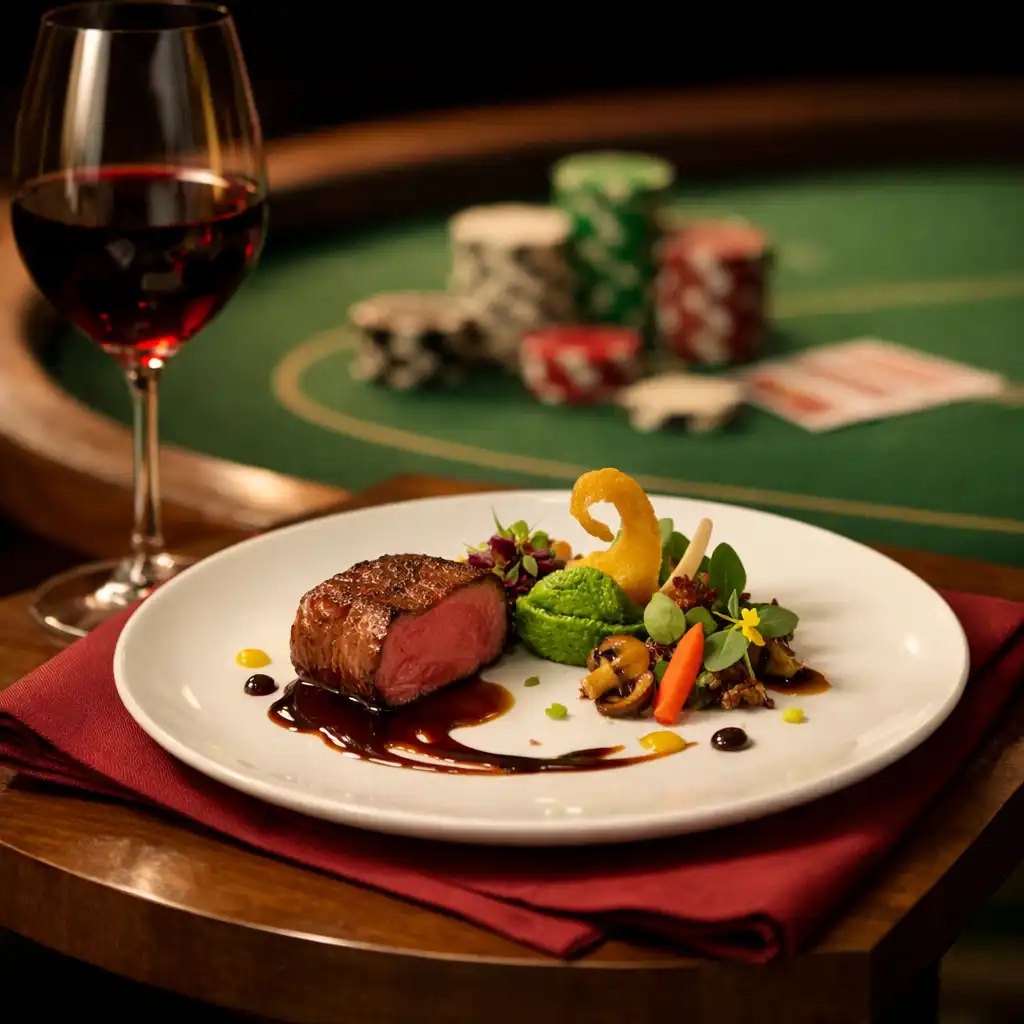 Elegancko podane danie fine dining na stoliku obok stołu do pokera
