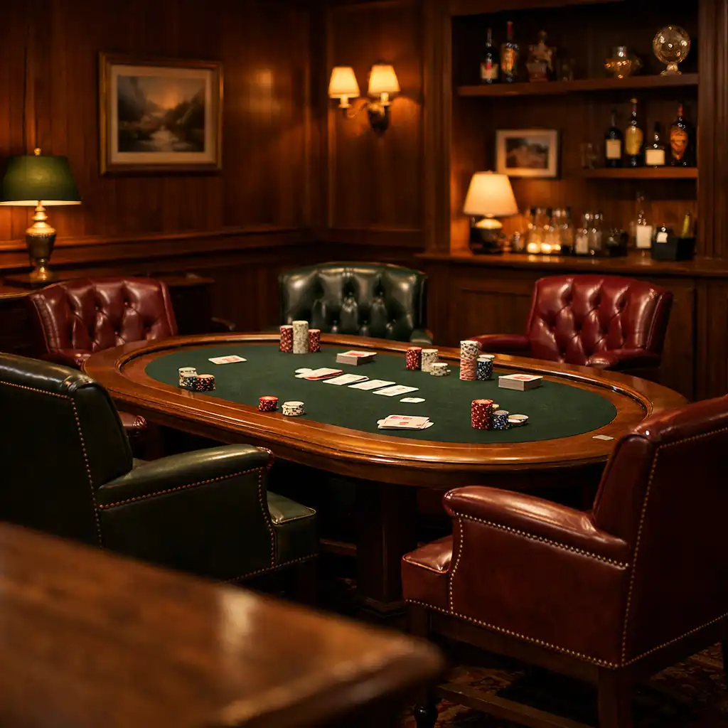 Wnętrze Poker Lounge z drewnianymi panelami, skórzanymi fotelami i stołem do pokera