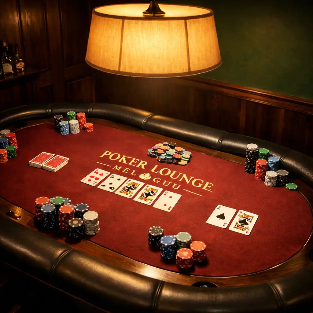 Stół do pokera w Poker Lounge Melquro z filcowym blatem, skórzanymi podłokietnikami i ciepłym światłem lampy