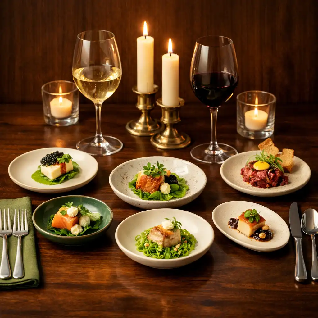 Elegancki stół z degustacyjnym menu: małe talerze z przystawkami, kieliszki wina i precyzyjnie ułożone sztućce