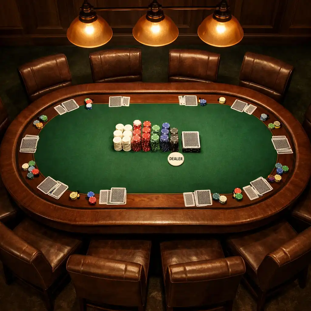Widok z góry na stół do Texas Hold’em w Melquro z żetonami i kartami