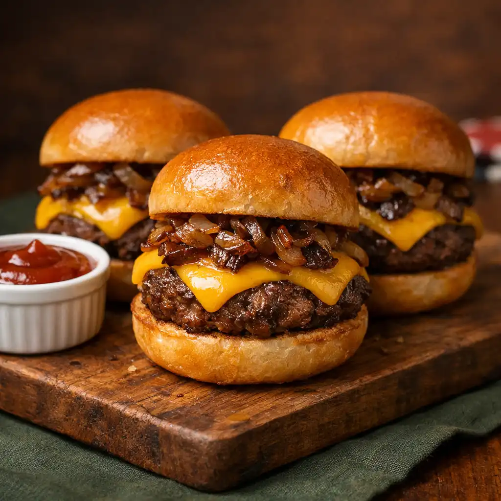 Trzy mini burgery z wołowiną i serem na desce