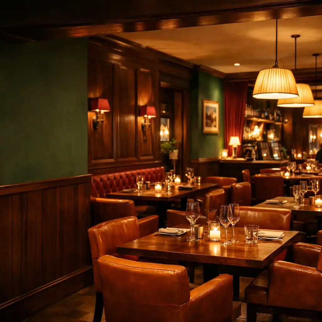 Wieczorne wnętrze restauracji Melquro z ciemnym drewnem, skórzanymi fotelami i ciepłym światłem lamp